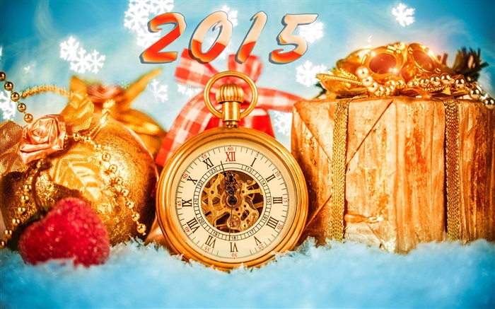 2015 Ano Novo, relógio e presentes Papéis de Parede, imagem