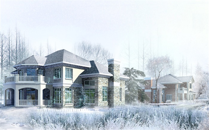 3D design, casa, inverno, neve Papéis de Parede, imagem