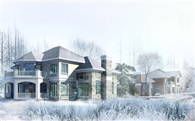 3D design, casa, inverno, neve HD Papéis de Parede