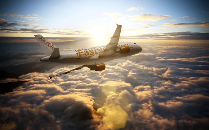 Aeronaves Airbus A300, céu, nuvens, raios de sol Papéis de Parede, imagem