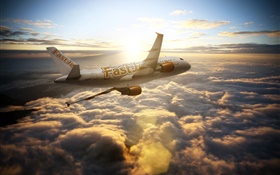 Aeronaves Airbus A300, céu, nuvens, raios de sol