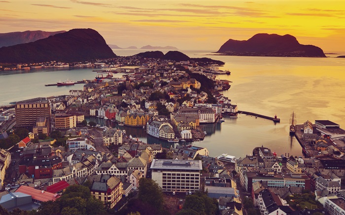 Alesund, Noruega, cidade, casas, por do sol, costa Papéis de Parede, imagem