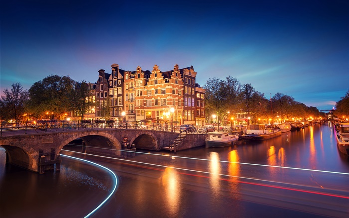 Amsterdam, Nederland, noite, casas, ponte, rio, luzes, barcos Papéis de Parede, imagem