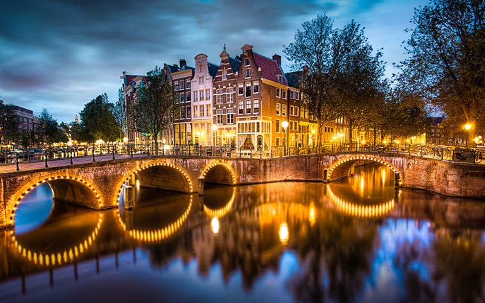 Amsterdam, Nederland, noite, luzes, rio, ponte, casas Papéis de Parede, imagem