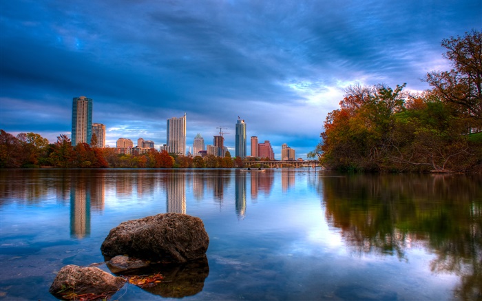Austin, Texas, EUA, lago, edifícios, céu azul Papéis de Parede, imagem