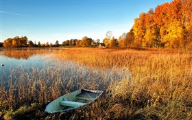 Outono, lago, grama, barco, árvores, casa HD Papéis de Parede