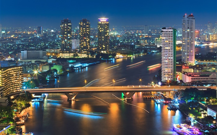 Bangkok, Tailândia, edifícios, rio, ponte, noite, luzes Papéis de Parede, imagem