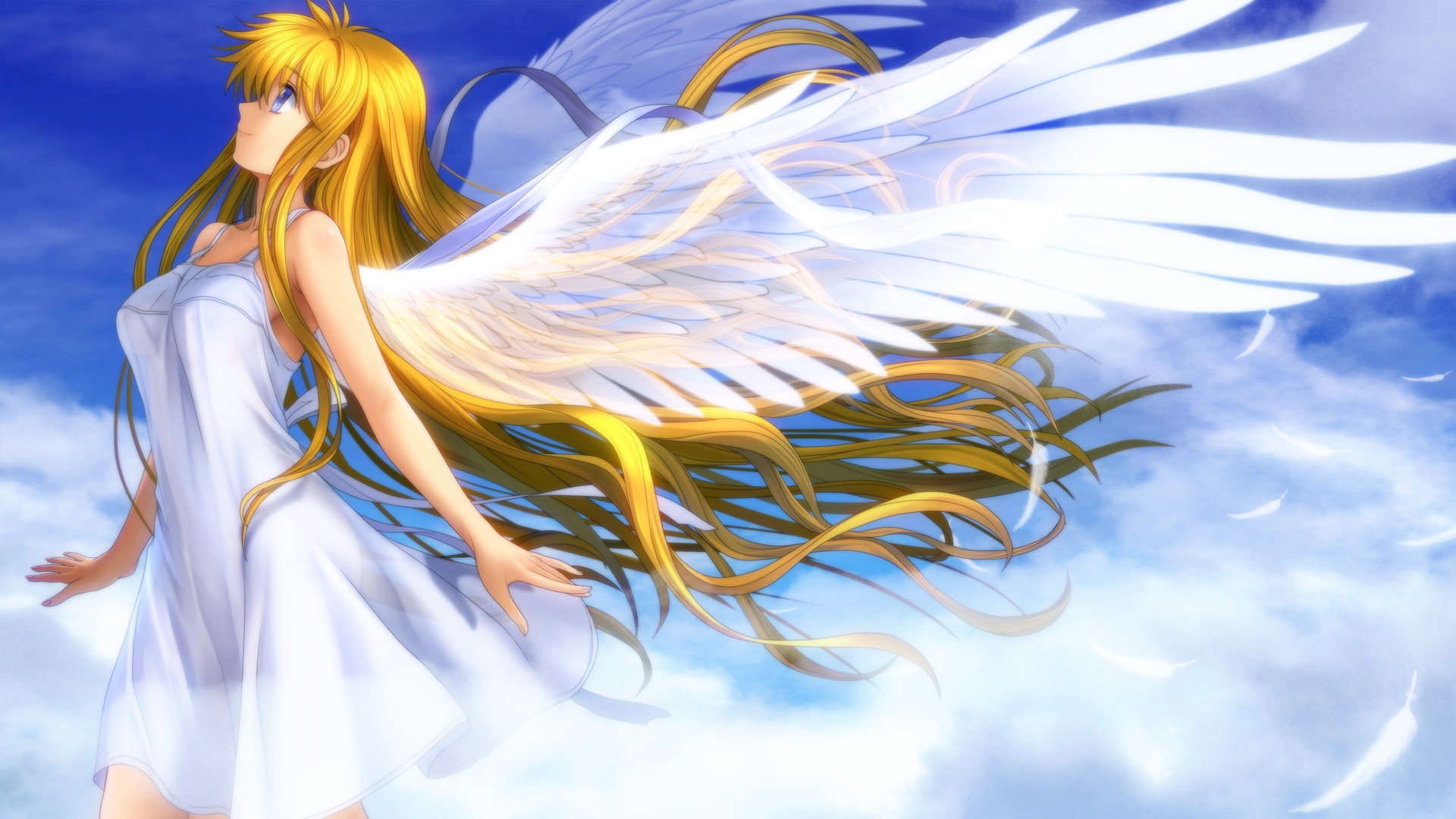 animê menina com anjo asas e fones de ouvido em pé dentro frente