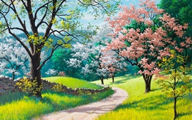 Bela pintura, primavera, estrada, árvores, grama, flores HD Papéis de Parede