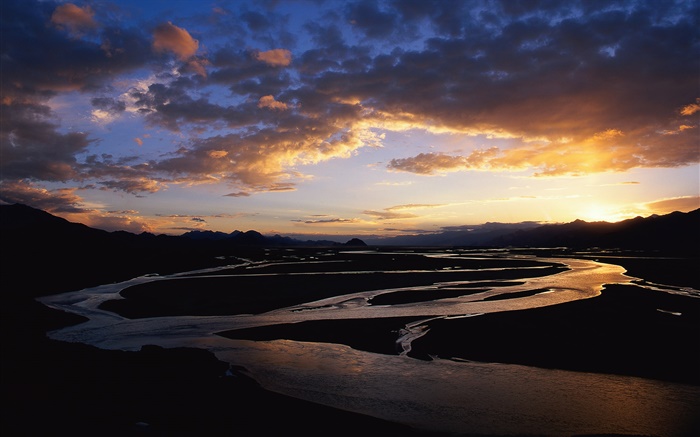 Curva do rio, crepúsculo, por do sol, China Papéis de Parede, imagem