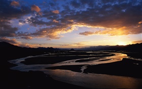 Curva do rio, crepúsculo, por do sol, China HD Papéis de Parede