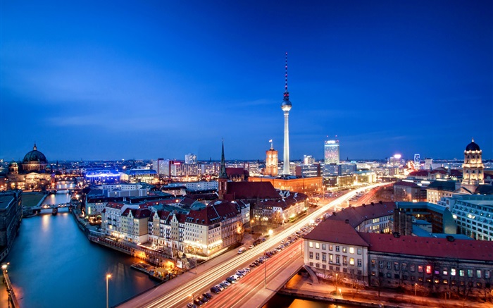 Berlim, Alemanha, Alexanderplatz, à noite, construções, luzes Papéis de Parede, imagem