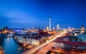 Berlim, Alemanha, Alexanderplatz, à noite, construções, luzes