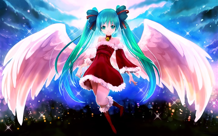 Garota de anime com asas de anjo sentada no chão