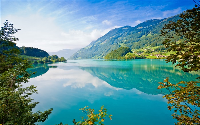 Água azul lago, montanha, verde Papéis de Parede, imagem