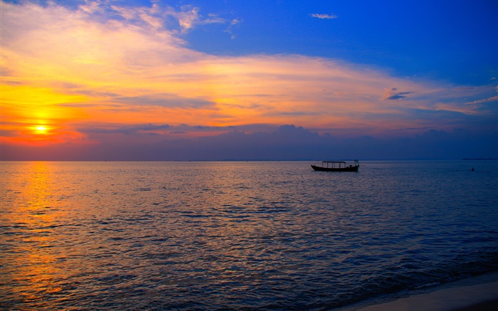 Camboja, Ásia, praia, mar, barco, por do sol Papéis de Parede, imagem