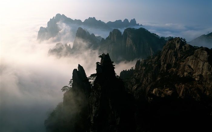 China, montanhas, nevoeiro, amanhecer Papéis de Parede, imagem