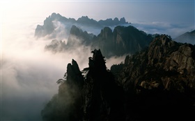 China, montanhas, nevoeiro, amanhecer