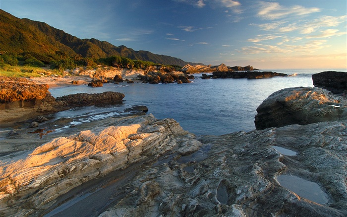 Costa, rochas, mar, crepúsculo Papéis de Parede, imagem