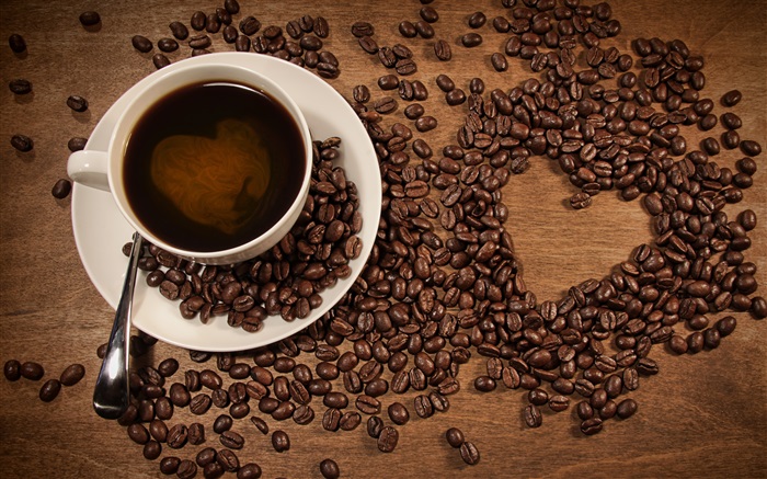 Xícara de café, grãos de café, amor em forma de coração Papéis de Parede, imagem
