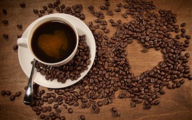 Xícara de café, grãos de café, amor em forma de coração HD Papéis de Parede