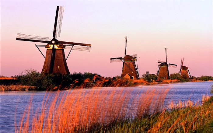 Cenário holandês, moinhos de vento, rios, à noite Papéis de Parede, imagem