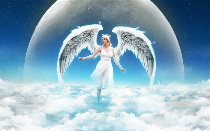 Fantasia menina anjo no céu, nuvens Papéis de Parede, imagem