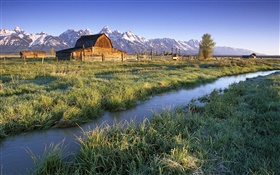 Grand Teton National Park, Wyoming, EUA, rio, casa, grama HD Papéis de Parede