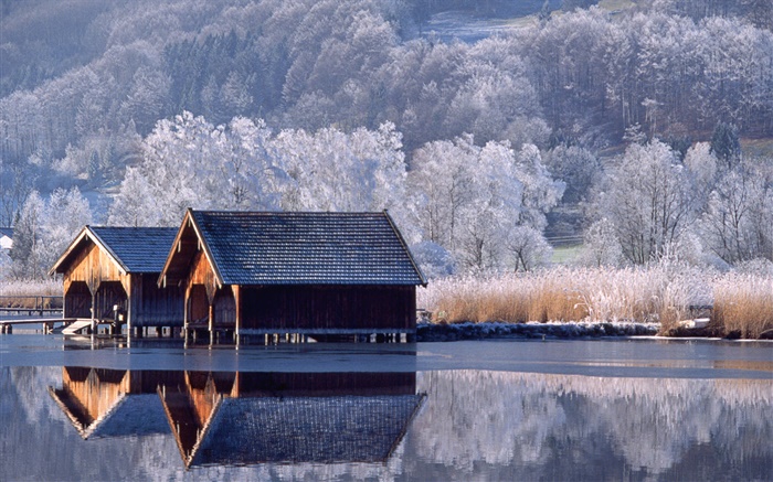 Casas, rio, árvores, inverno, Alemanha Papéis de Parede, imagem