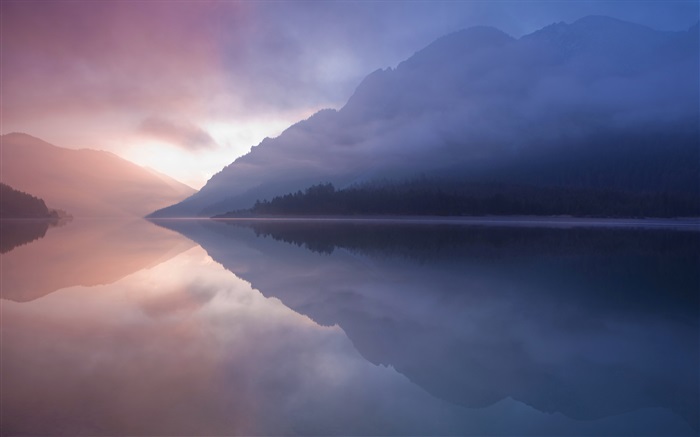 Lago, montanha, névoa, reflexão da água Papéis de Parede, imagem