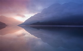 Lago, montanha, névoa, reflexão da água HD Papéis de Parede