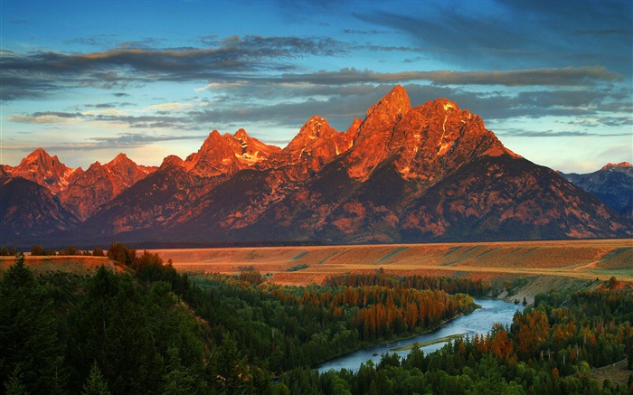 Montanhas, floresta, rio, outono, América, Wyoming Papéis de Parede, imagem