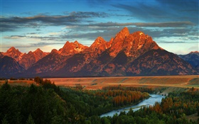 Montanhas, floresta, rio, outono, América, Wyoming