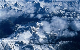 Montanhas, neve, nuvens, cenário chinês
