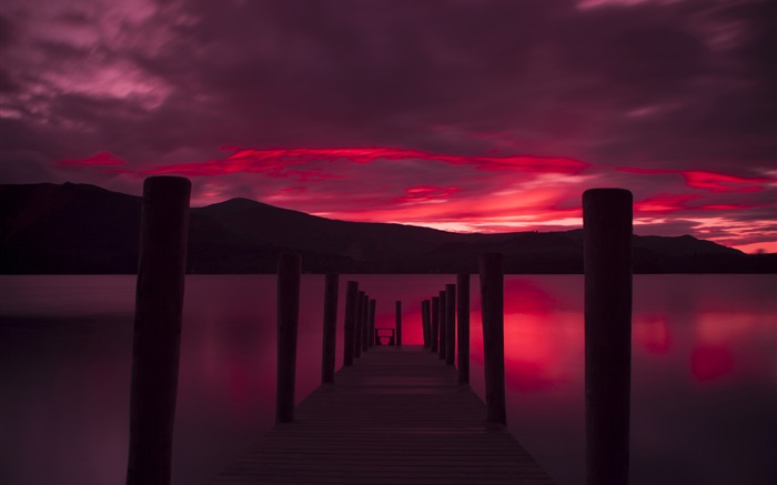 Cais, pôr do sol, lago, céu vermelho Papéis de Parede, imagem