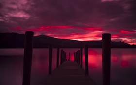 Cais, pôr do sol, lago, céu vermelho HD Papéis de Parede