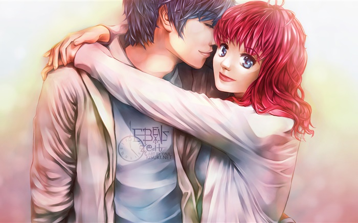Menina de cabelo anime vermelho com o namorado Papéis de Parede, imagem