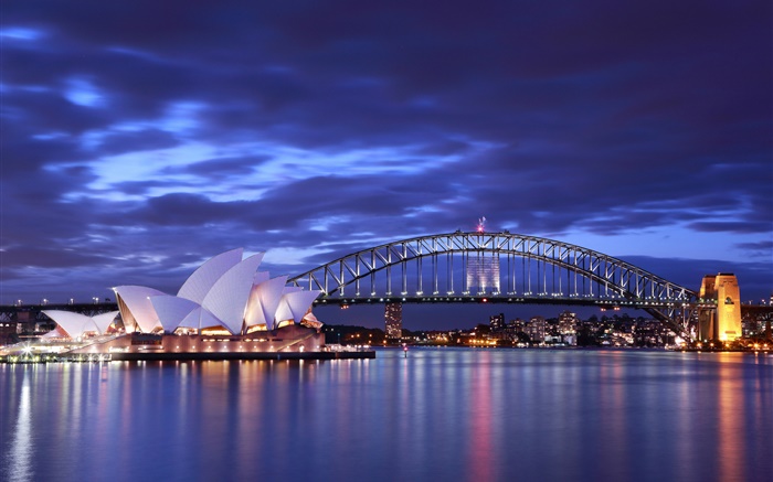 Sydney Opera House, na Austrália, noite, ponte, luzes, mar, azul Papéis de Parede, imagem