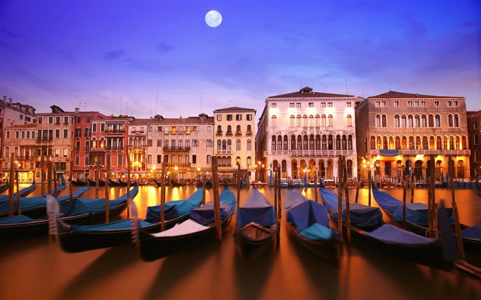 Venetian noite, barco, casa, rio, luzes, lua Papéis de Parede, imagem