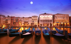 Venetian noite, barco, casa, rio, luzes, lua