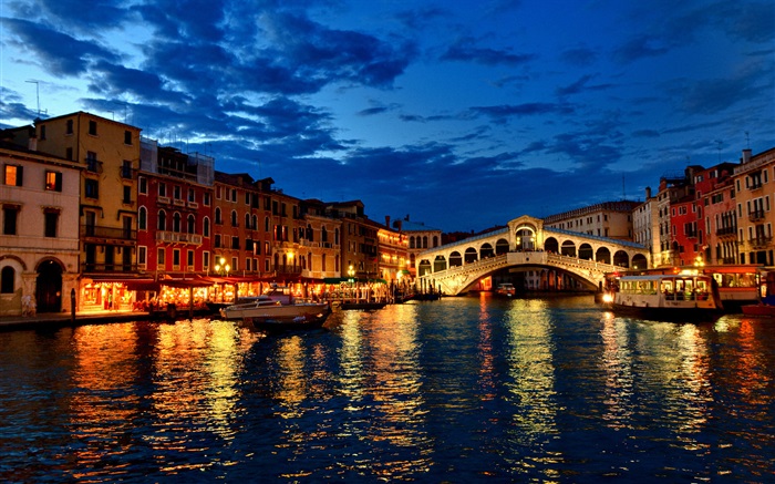Veneza, noite, rio, casas, luzes, ponte Papéis de Parede, imagem