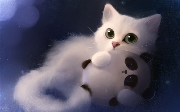 A pintura da aguarela, gato com panda de brinquedo Papéis de Parede, imagem