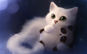 A pintura da aguarela, gato com panda de brinquedo HD Papéis de Parede