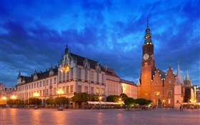Wroclaw, Polônia, casas, noite, luzes