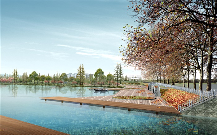 Projeto 3D, parques da cidade, árvores, lago Papéis de Parede, imagem