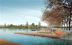 Projeto 3D, parques da cidade, árvores, lago HD Papéis de Parede