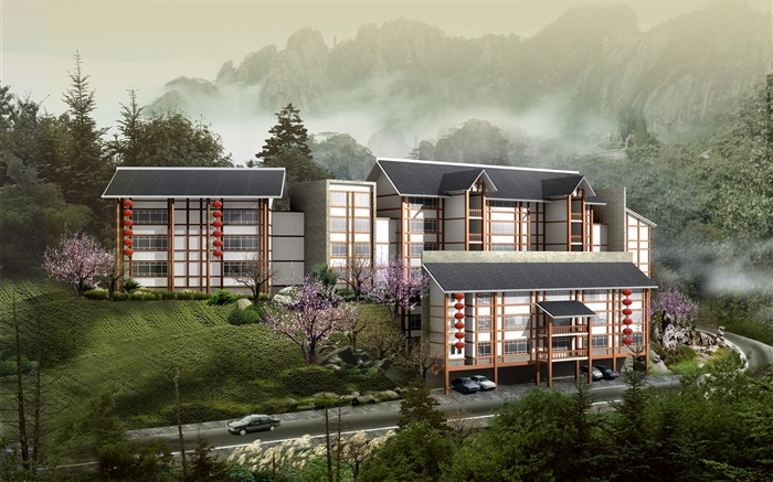 3D design, hotel de montanha Papéis de Parede, imagem