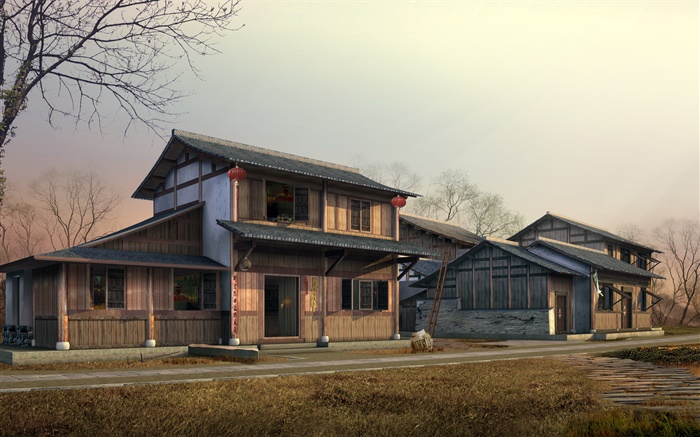 Projeto 3D, retro, casa de madeira Papéis de Parede, imagem
