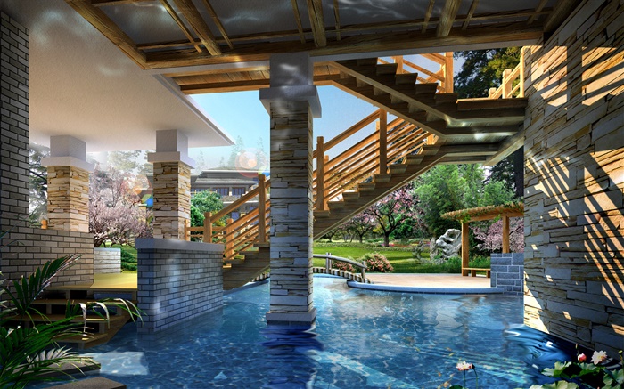 Desenho em 3D, os pormenores villa, piscina Papéis de Parede, imagem