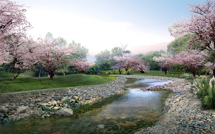Projeto 3D, Parque Primavera, flores em plena floração, riacho Papéis de Parede, imagem